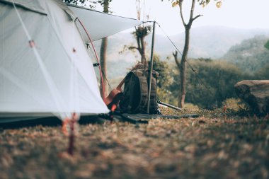 Kamp malzemeleri, çantalar, ayakkabılar, ukulele, sabahları çadırın yanında tripod. Nesne kampı, seyahat ve meslek kavramı.