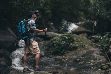 Kayaların üzerinde duran yürüyüşçüler hayvanları görmek için dürbün kullanırlar ve ormandaki arka plan şelaleli ve sırt çantalı manzarayı görürler. yürüyüş ve macera konsepti.