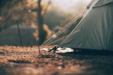 Ormandaki çimlerin üzerindeki gri çadır Arkadaki manzara sabahları dağdır. Kamp, seyahat ve tatil konsepti.