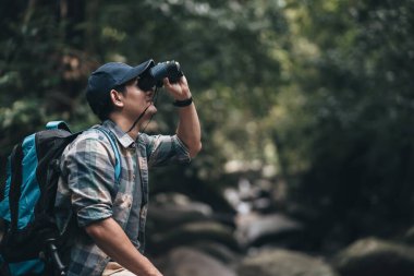 Yürüyüşçüler hayvanları görmek için dürbün kullanır ve ormanda sırt çantalı manzarayı görürler. yürüyüş ve macera konsepti.