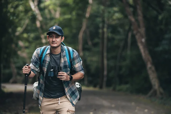 Hikers Use Trekking Pole Backpacks Walking Road Forest Hiking Adventure – stockfoto
