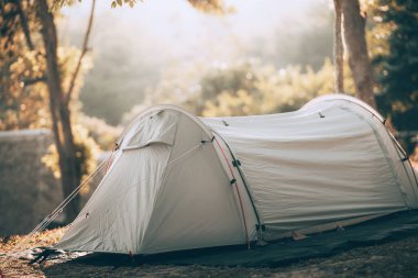 Ormandaki çimlerin üzerindeki gri çadır Arkadaki manzara sabahları dağdır. Kamp, seyahat ve tatil konsepti.