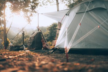 Kamp malzemeleri, çantalar, ayakkabılar, ukulele, sabahları çadırın yanında tripod. Nesne kampı, seyahat ve meslek kavramı.