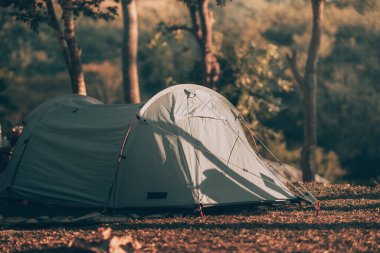 Ormandaki çimlerin üzerindeki gri çadır Arkadaki manzara sabahları dağdır. Kamp, seyahat ve tatil konsepti.