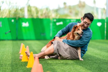 Köpek parkında bir adam köpekle sarılıp oynuyor. Hayvan, aile hayvanı konsepti..