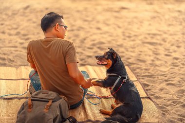 Bir adamın sahil kenarındaki bir paspasda oturan ve köpeğiyle oynayan bir köpeği var. Hayvan aile kavramı.