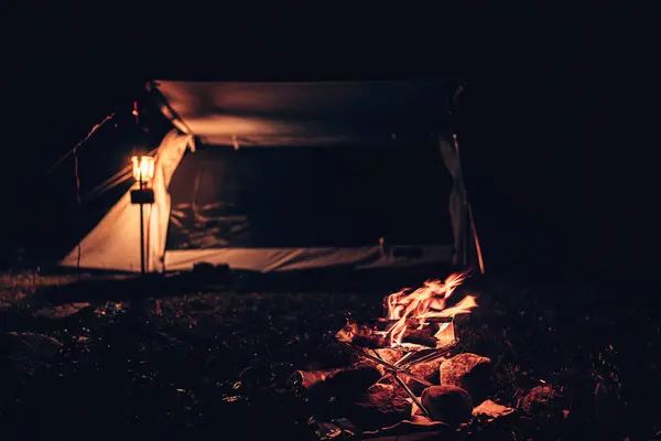 Lejrbål Foran Teltet Natten Camping Koncept Royaltyfrie stock-fotos