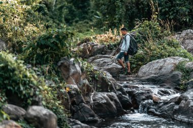 Yürüyüşçüler derede köpekle birlikte kayaların üzerinde yürürler şelaleden onun çadırına doğru akar..