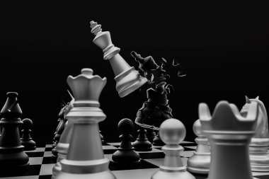Beyaz kral satranç taşları satranç tahtasında siyah kral taşlarını yok eder. Lider, plan, savaş, yok et, kazan, kavramı kaybet