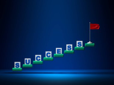 Yukarı çıkan merdivenler ve en üste yerleştirilmiş bir bayrak zafer kelimelerini temsil ediyor, bir numara, en yüksek puan, başarı..