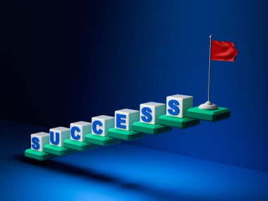 Yukarı çıkan merdivenler ve en üste yerleştirilmiş bir bayrak zafer kelimelerini temsil ediyor, bir numara, en yüksek puan, başarı..