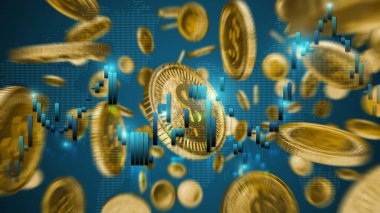 Hisse tablosu ve altın sikke patlaması gerçekçi bir hazine kazandı, oyun parlayan altın sikke patlaması. Para tasarruf kavramı.