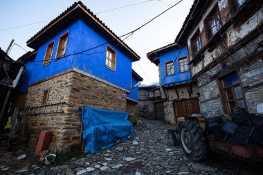 Türkiye 'nin Cumalikizik köyündeki eski evler. Eski kasabadaki geleneksel evler