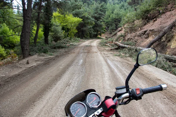 A dusty road in the forest, motor trip, journey into the deep forest, Uphill Road, Mountain way, forest background, Mountain road in the forest, Road on Motorcycle.