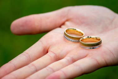 Avucunun içinde iki altın alyans, yeşil çimlerin arkasında..