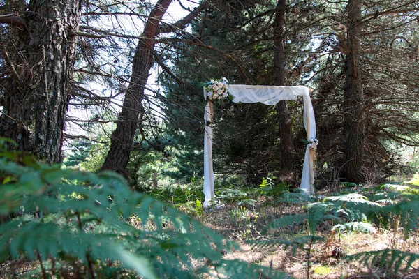 stock image Wedding arch in the forest. Wedding arch in the woods. wedding ceremony in the forest, bridal veil, and flowers