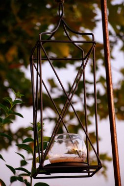 Sokakta sokak lambasındaki fener. Bahçede bir fener ve ön planda bir bitki..