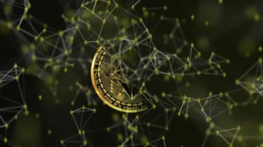 Dijital siber uzayda Ethereum ETH dijital para birimi sembolünün soyut animasyonu. Elektronik devre kartı arka planda PCB parçaları. De-Fi ekonomisi, madencilik ya da kazık saplama kavramı. Yüksek