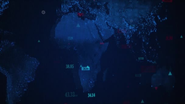 Анимация Фондового Рынка Карте Мира Темном Фоне Глобальный Бизнес Финансы — стоковое видео