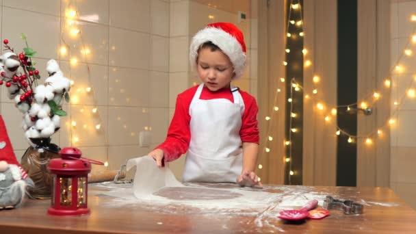 Criança Fazendo Biscoitos Natal Massa Pão Gengibre Cortadores Biscoitos Imagens — Vídeo de Stock