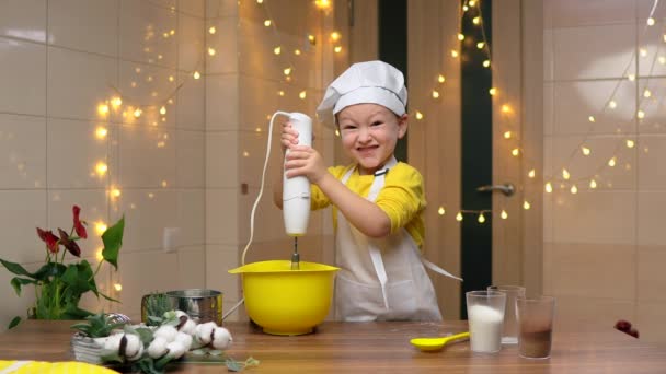 Little Boy Stirring Flour Mixing Bowl High Quality Footage — Video