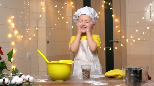Child Playing Dough Flour Kitchen High Quality Footage — Stock Video