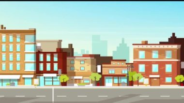 Animated pan along city street with small and large buildings. High quality FullHD footage