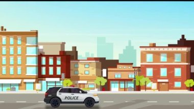 Animated cityscape with a police car. High quality FullHD footage