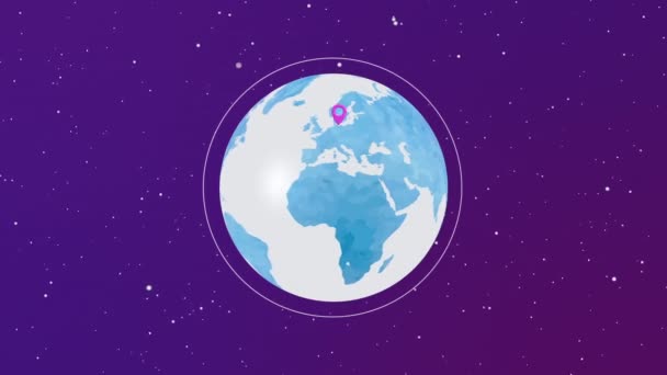 紫色の背景にピンクのピンの位置を持つ地球アニメーション 高品質のフルHd映像 — ストック動画