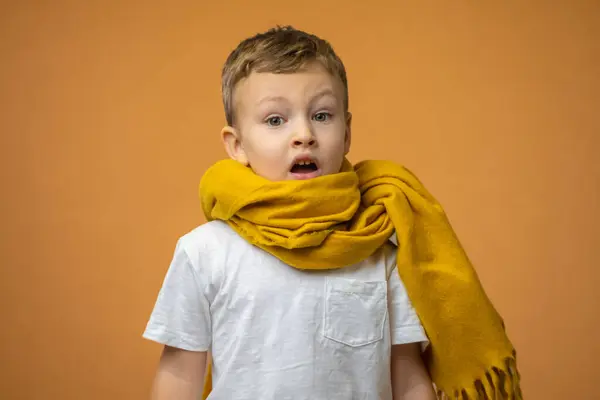 Çocuğun boğazı ağrıyor, boğaz hastalığının belirtileri var, çocukların boğazı bir eşarpla sarılmış. Yüksek kalite fotoğraf