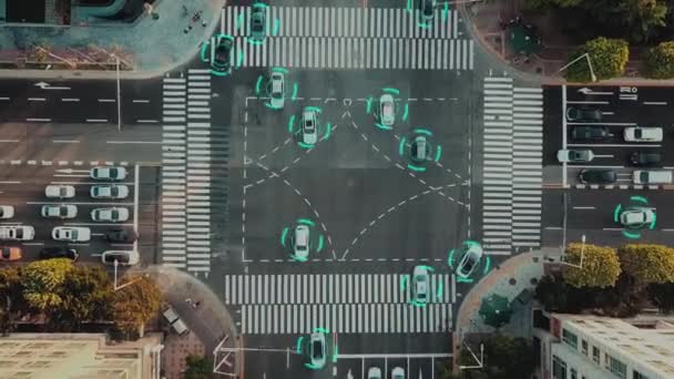 Самоуправляемые Автономные Автомобили Проезжающие Через Перекресток Технологией Сканирования Скорости Система — стоковое видео