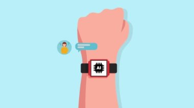  Sohbet robotu nöbetteki adamla, robotla, sanal asistanla, otomatik cevap konseptiyle etkileşim halindedir. Animasyon. Yüksek kaliteli FullHD görüntüler