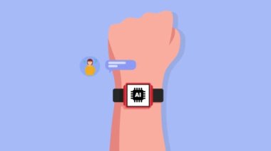  Sohbet robotu nöbetteki adamla, robotla, sanal asistanla, otomatik cevap konseptiyle etkileşim halindedir. Animasyon. Yüksek kaliteli FullHD görüntüler