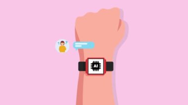  Sohbet robotu nöbetteki adamla, robotla, sanal asistanla, otomatik cevap konseptiyle etkileşim halindedir. Animasyon. Yüksek kaliteli FullHD görüntüler