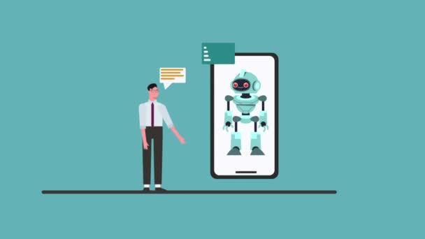 チャットボットロボットは スマートフォン ロボット 仮想アシスタント 自動返信コンセプトで人と対話します 高品質のフルHd映像 — ストック動画