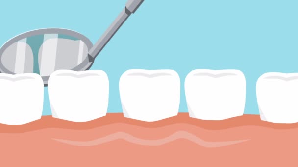 用镜子检查卡通健康的牙齿 牙医那里的接待处牙科护理和口腔卫生动画 优质Fullhd影片 — 图库视频影像