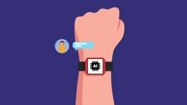  Sohbet robotu nöbetteki adamla, robotla, sanal asistanla, otomatik cevap konseptiyle etkileşim halindedir. Animasyon. Yüksek kaliteli FullHD görüntüler