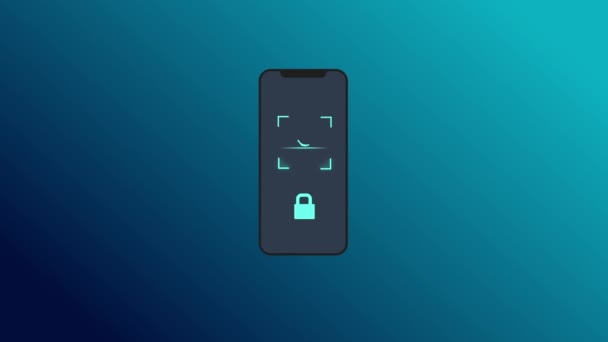 Черный Мобильный Телефон Значок Распознавания Лиц Изолированы Синем Фоне Значок — стоковое видео