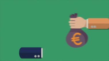 El ele tutuşup birbirlerine animasyon videoları veriyorlar. Bir iş adamına 4K animasyon için para çantası vermek. İki insan eli ile çuval dolusu para. İş ve mali para aktarım görüntüleri