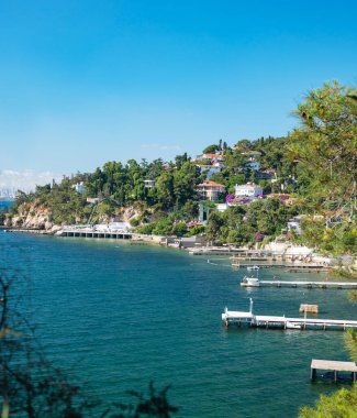 Karadeniz 'in güzel panoramik manzarası, yatlı marina ve arka planda şehir. Güneşli bir yaz gününde ağaçlar ve çam ağaçlarıyla kayalık bir sahil. Türkiye, Prens Adaları.