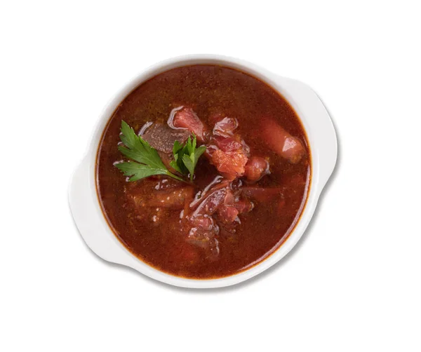 stock image Traditional beetroot soup (Borscht) on white isolated background. Ukrainian and Russian national cuisine. Top view.