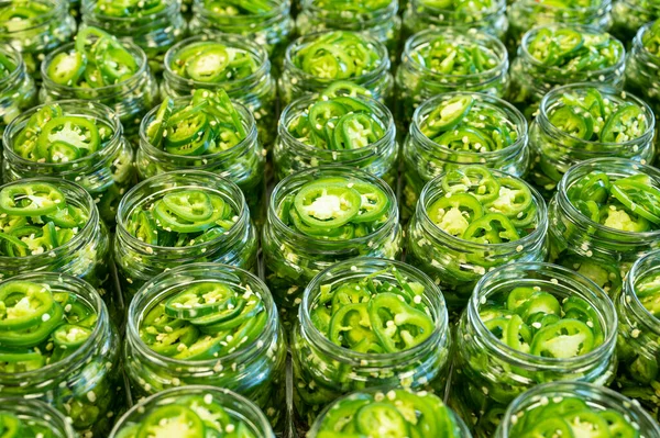 Fresh Jalapeno Peppers Jars Close Preparation Conservation Homemade Canned Vegetables — Stock Photo, Image