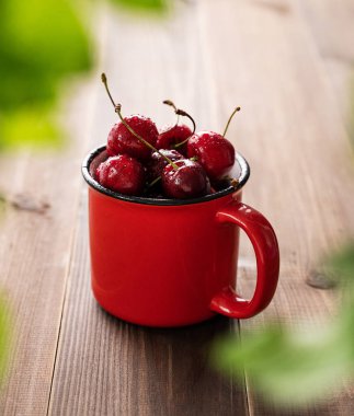 Koyu ahşap arka planda kırmızı kupada taze kirazlar ve güneşli bir yaz sabahı yapraklar. Kırsal stil kavramı. 