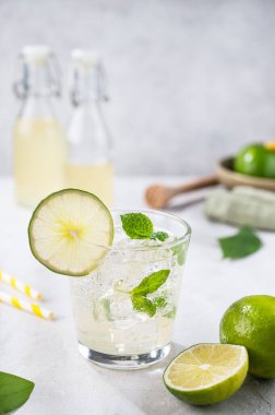 Limonlu, naneli ve buzlu taze soğuk mojito. Gri arka planda limonlu turunçgil içeceği. Ön görünüm.