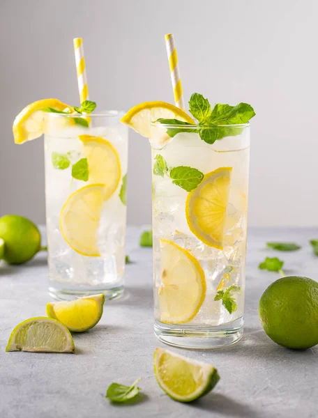Mineral Water Fresh Lemons Refreshing Drink Lime Lemon Mint Ice — Stock Photo, Image