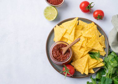 Baharatlı domates soslu nachos ya da tortilla taze sebzeli ve hafif arkaplanlı otlar. Salsa soslu mısır cipsi. Klasik Meksika yemeği. Üst görünüm ve kopyalama alanı. 