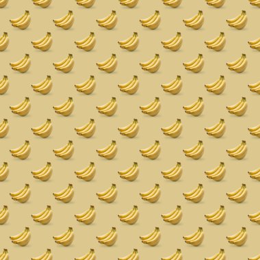 Sarı zemin üzerinde taze muzlar olan kusursuz bir desen. Parmak izi için konsept. Çiftlik sağlıklı ve çevre dostu meyveler. 