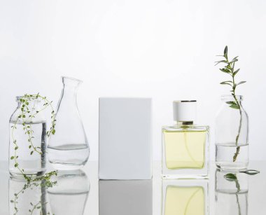 Cam zemin üzerinde taze dallar ve çiçekler olan parfüm şişeleri ve vazolar. Metin için boş alan.