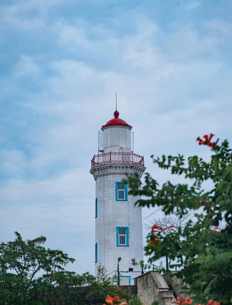 Landscape Lighthouse Blue White City Fence Trees Flowers Summer Day — Stock Photo, Image