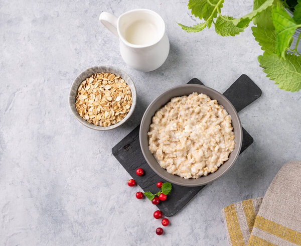 Овсяная каша с клюквой в миске с молоком и овсяными хлопьями на голубом фоне. Понятие вкусной, питательной и углеводной пищи. Вид сверху и пространство для копирования